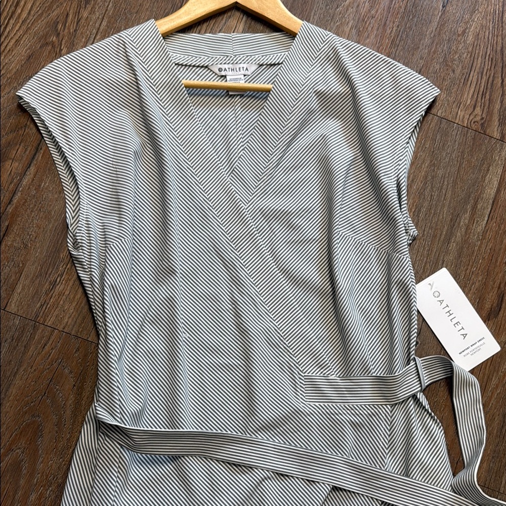 Athleta Newport Wrap Tie Dress Striped Cap Sleeve Pockets